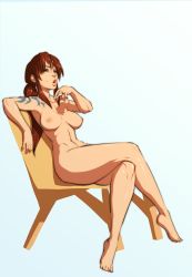 Rule 34 | 1girl, barefoot, black lagoon, breasts, brown hair, casual nudity, chair, cigarette, crossed legs, full body, gradient background, grey eyes, highres, lips, long hair, nipples, nose, nude, parted lips, reclining, revy (black lagoon), shiny skin, sidelocks, sitting, smoking, solo, sven (svenners), tattoo