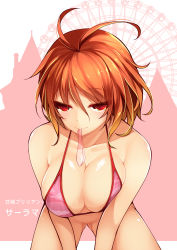 Rule 34 | 10s, 1girl, absurdres, amagi brilliant park, antenna hair, bikini, bottomless, breasts, cleavage, condom, condom in mouth, dean (momodean), highres, large breasts, looking at viewer, mouth hold, orange hair, pink bikini, red eyes, salama (amaburi), short hair, smile, solo, swimsuit, tongue, tongue out, used condom
