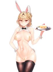 Rule 34 | 1girl, absurdres, animal ears, areola slip, bandaid, bandaid on pussy, bandaids on nipples, black thighhighs, blonde hair, breasts, cake, commission, dungeon and fighter, fake animal ears, food, hair between eyes, hairband, hand on own hip, highres, large breasts, looking at viewer, navel, pasties, rabbit ears, rabbit tail, red eyes, short hair, skulllee, smile, solo, tail, thighhighs, tray, waitress, wrist cuffs