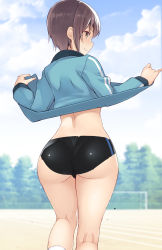Rule 34 | 1girl, ass, blush, bodypaint, bottomless, brown eyes, brown hair, buruma, clothes lift, day, from behind, hands up, highres, hip focus, idolmaster, idolmaster cinderella girls, jacket, jacket lift, kneehighs, kneepits, legs, lifting own clothes, looking at viewer, looking back, nakamura yukitoshi, otokura yuuki, outdoors, painted clothes, short hair, sidelocks, smile, socks, solo, thick thighs, thighs, track and field, track jacket, white socks, wide hips