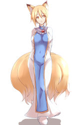 Rule 34 | 1girl, animal ears, arms behind back, blonde hair, breasts, contrapposto, curvy, dearmybrothers, dress, face, female focus, fox ears, fox tail, highres, hip focus, large breasts, lips, looking away, multiple tails, navel, no headwear, orange eyes, shadow, shiny clothes, short hair, simple background, smile, solo, standing, tabard, tail, touhou, walking, wide hips, yakumo ran, yellow eyes