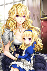 Rule 34 | 2girls, apron, blonde hair, breasts, child, cleavage, clenched hand, clenched hands, cocoon (loveririn), dress, earrings, empress pacifica, expressionless, frills, gloves, hairband, jewelry, linia pacifica, long hair, lowres, mother and daughter, multiple girls, necklace, open mouth, red eyes, ribbon, sitting, sitting on lap, sitting on person, small breasts, smile, sword girls, wavy hair, window, aged down