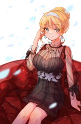 Rule 34 | 1girl, blonde hair, blue eyes, blush, breasts, cleavage, earrings, hand in own hair, highres, hololive, hololive english, jewelry, looking at viewer, mole, mole on breast, petals, short hair, smile, solo, suna hika, tiara, virtual youtuber, watson amelia, watson amelia (party dress), white background, wrist bow