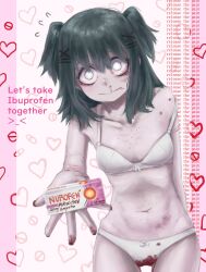 Rule 34 | 1girl, absurdres, blood, borrowed character, bright pupils, diu9you, drugs, english text, green hair, hair ornament, hairpin, highres, ibuprofen, lacey&#039;s diner, lacey (lacey&#039;s diner), let&#039;s take ibuprofen together (meme), meme, menstruation, nosebleed, off shoulder, short twintails, twintails, white pupils, wide-eyed, wrist cutting