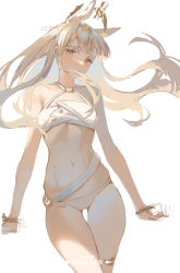 Rule 34 | 1girl, animal ears, arknights, arms at sides, artist name, bare shoulders, bikini, blonde hair, breasts, clear regulus, collarbone, cowboy shot, horse ears, laurel crown, long hair, looking at viewer, navel, o-ring, o-ring bikini, o-ring top, official alternate costume, parted lips, platinum (arknights), platinum (shimmering dew) (arknights), simple background, sketch, small breasts, solo, stomach, swimsuit, thigh gap, white background, white bikini, yellow eyes