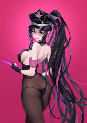 Rule 34 | 1girl, absurdres, ass, back, bare back, bare shoulders, bikini, bikini bottom only, black bodysuit, black hair, black headwear, bodystocking, bodysuit, breasts, butt crack, chamuhz, facial mark, fate/grand order, fate (series), forehead mark, from behind, glowstick, gradient background, highres, holding, holding glowstick, large breasts, lips, long hair, looking at viewer, looking back, multicolored hair, official alternate costume, panties, parted lips, pink background, pink hair, ponytail, sessyoin kiara, sessyoin kiara (swimsuit mooncancer), sessyoin kiara (swimsuit mooncancer) (second ascension), sidelocks, swimsuit, two-tone hair, underwear, very long hair, wavy hair, yellow eyes