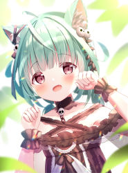 Rule 34 | 1girl, :d, absurdres, ahoge, animal ears, anzu yotsuba, bare shoulders, black dress, blush, bow, cat ears, collarbone, detached collar, dress, ear ribbon, fang, frilled dress, frilled straps, frills, green hair, hair ornament, hair ribbon, highres, hololive, looking at viewer, low twintails, off-shoulder dress, off shoulder, open mouth, paw pose, red eyes, ribbon, see-through, see-through sleeves, short hair, short sleeves, short twintails, skull hair ornament, smile, solo, twintails, upper body, uruha rushia, uruha rushia (3rd costume), virtual youtuber, wristband