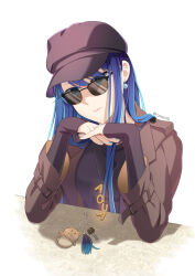 Rule 34 | 1girl, absurdres, aqua eyes, baseball cap, black hat, black shirt, blue hair, border, breasts, brown jacket, c10h12o2, character name, chinese commentary, closed mouth, commentary, earrings, english commentary, fading border, hat, highres, jacket, jewelry, kurokawa akane, long hair, long sleeves, looking at viewer, medium breasts, mixed-language commentary, necklace, official alternate hair length, official alternate hairstyle, open clothes, open jacket, oshi no ko, shirt, sidelocks, simple background, sleeves past wrists, solo, sunglasses, twitter username, variant set, white background, white border
