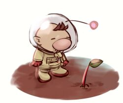 Rule 34 | 1girl, 1other, bald, big nose, brown hair, buried, chestnut mouth, closed eyes, dirt, full body, gloves, helmet, kakuzatou (satousatotototo), leaf, looking to the side, nintendo, olimar, pikmin (series), pointy ears, red gloves, red pikmin, spacesuit, standing, white background