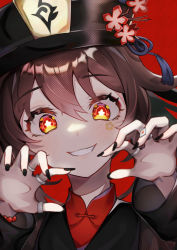 Rule 34 | 1girl, black nails, blush, brown hair, claw pose, face, genshin impact, hat, highres, hu tao (genshin impact), jewelry, looking at viewer, nail polish, pupy exe, red background, red eyes, ring, simple background, smile, solo, symbol-shaped pupils, twintails