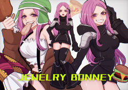 Rule 34 | 1girl, absurdres, alternate costume, anti-eyebrow piercing, character name, eating, eyelid piercing, food, grey background, grin, highres, holding, holding food, jewelry bonney, jewelry bonney (egghead), lips, lipstick, long hair, looking at viewer, makeup, meat, multiple views, official alternate costume, one piece, piercing, pink hair, pizza, purple eyes, revealing clothes, shiny skin, smile, wide hips