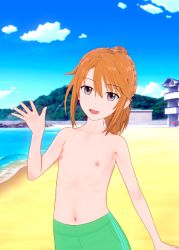 Rule 34 | 1girl, 3d, beach, breasts, character request, copyright request, crossdressing, female focus, flat chest, green male swimwear, green swim trunks, grey eyes, happy, highres, idolmaster, idolmaster cinderella girls, looking at viewer, male swimwear, male swimwear challenge, medium hair, nipples, ocean, open mouth, orange hair, sand, solo, source request, standing, swim trunks, swimsuit, tagme, topless, toshi (sjha1986), water