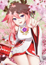Rule 34 | 1girl, absurdres, animal ears, aya (0707), breasts, cherry blossoms, commentary request, cowboy shot, day, detached sleeves, earrings, fingernails, floppy ears, fox ears, fox shadow puppet, genshin impact, grass, hair between eyes, hair ornament, highres, japanese clothes, jewelry, long hair, looking at viewer, low-tied long hair, medium breasts, nail polish, open mouth, outdoors, pendant, pink hair, pink nails, purple eyes, sandals, shade, sitting, smile, solo, vision (genshin impact), wariza, wide sleeves, yae miko