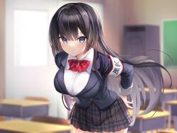 Rule 34 | 1girl, absurdres, armband, black hair, black jacket, black skirt, blue eyes, blunt bangs, blurry, blurry background, blush, breasts, chair, chalkboard, collared shirt, desk, file cabinet, haishiki, highres, indoors, jacket, large breasts, long hair, long sleeves, looking at viewer, non-web source, original, parted lips, plaid, plaid skirt, pleated skirt, safety pin, school chair, school desk, school uniform, shirt, skirt, solo, v-shaped eyebrows, white shirt