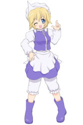 Rule 34 | 1girl, blonde hair, bloomers, blue eyes, boots, cosplay, female focus, full body, hand on own hip, hat, highres, kuro suto sukii, letty whiterock, letty whiterock (cosplay), lucky star, one eye closed, patricia martin, short hair, simple background, solo, standing, touhou, underwear, white background, wink