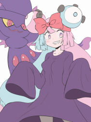 Rule 34 | 1girl, alternate costume, blue hair, bow, breasts, character hair ornament, collarbone, commentary request, cosplay, creatures (company), dress, eyelashes, game freak, gen 4 pokemon, grin, hair bow, hair ornament, headband, highres, iono (pokemon), kiki (majo no takkyuubin), kiki (majo no takkyuubin) (cosplay), kurachi mizuki, long sleeves, looking down, majo no takkyuubin, medium breasts, mismagius, multicolored hair, nintendo, pink eyes, pink hair, pokemon, pokemon (creature), pokemon sv, purple dress, red headband, sharp teeth, simple background, sleeves past fingers, sleeves past wrists, smile, teeth, two-tone hair, white background