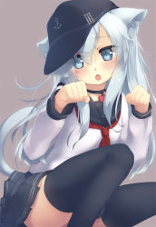 Rule 34 | 10s, 1girl, :o, anchor symbol, animal ears, black skirt, black thighhighs, blue eyes, blush, cat ears, cat tail, choker, commentary request, fang, flat cap, gengetsu chihiro, hair between eyes, hat, head tilt, heart, heart choker, hibiki (kancolle), kantai collection, kemonomimi mode, long hair, long sleeves, looking at viewer, neckerchief, open mouth, paw pose, pleated skirt, school uniform, serafuku, silver hair, simple background, skirt, solo, tail, thighhighs