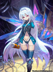 Rule 34 | 10s, 1girl, blue jacket, blue thighhighs, boots, closed mouth, drinking straw, feet out of frame, future card buddyfight, hair between eyes, hairband, head tilt, holding, jacket, knee boots, lack, long hair, long sleeves, looking at viewer, navel, pink eyes, science fiction, short shorts, shorts, solo, standing, thigh gap, thighhighs, very long hair, watermark, white hair