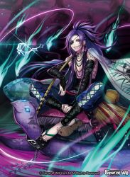 Rule 34 | 1boy, cape, copyright name, earrings, eyepatch, facial tattoo, fire, fishing rod, force of will, full body, jewelry, long hair, male focus, matsurika youko, nail polish, necklace, official art, piercing, ponytail, purple hair, red eyes, sandals, topless male, sitting, solo, tattoo, teeth, turtle