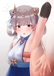 Rule 34 | 1girl, arm up, armpit sex, armpits, blush, breasts, bulge, censored, clothed female nude male, embarrassed, flying sweatdrops, gold trim, grey hair, hair ornament, highres, idolmaster, idolmaster cinderella girls, idolmaster shiny colors, long hair, looking at another, looking to the side, medium breasts, mosaic censoring, nude, open mouth, penis, penis to breast, penis under another&#039;s clothes, presenting armpit, purple eyes, sideboob, smile, sweat, transparent, warubo, yukoku kiriko