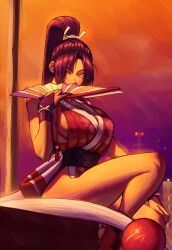 1girl absurdres breasts brown_hair high_ponytail highres ninja noriatto revealing_clothes shiranui_mai solo street_fighter street_fighter_6 thighs