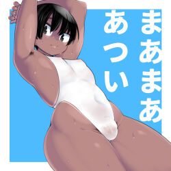 Rule 34 | 1boy, armpit hair, armpits, black hair, blue background, border, closed mouth, commentary request, dark-skinned male, dark skin, highres, looking at viewer, male focus, navel, omiya (louise-louis-lucille), original, penis, pubic hair, see-through, shirt, small penis, solo, testicles, tight clothes, translation request, trap, white border, white shirt