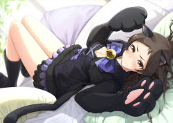 Rule 34 | 1girl, animal ear fluff, animal ears, animal hands, ankle boots, bed, bell, black dress, black footwear, bloomers, blue bow, blue bowtie, blurry, blurry background, blush, boots, bow, bowtie, breasts, brown eyes, brown hair, cat ears, cat paws, cat tail, cleavage, closed mouth, commentary request, cross-laced clothes, depth of field, dress, dress bow, fed (giba), frilled dress, frills, fur-trimmed dress, fur trim, glint, gloves, hair spread out, hands up, idolmaster, idolmaster million live!, idolmaster million live! theater days, indoors, jingle bell, kemonomimi mode, kitazawa shiho, knees up, light particles, long hair, long sleeves, looking at viewer, lying, medium breasts, neck bell, nose blush, on back, on bed, parted bangs, paw gloves, pillow, short dress, solo, tail, underwear, v-shaped eyebrows