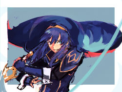 Rule 34 | 1girl, blue eyes, blue hair, cape, fire emblem, fire emblem awakening, highres, holding, holding sword, holding weapon, looking to the side, looking up, lucina (fire emblem), mpka yt, nintendo, slashing, solo, sword, weapon