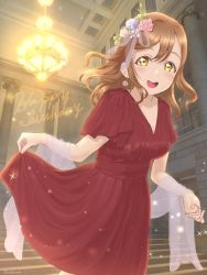 Rule 34 | 1girl, artist name, artist request, blue flower, blush, breasts, brown eyes, brown hair, curly hair, dress, earrings, female focus, floating hair, flower, flower earrings, hair between eyes, hair flower, hair ornament, highres, holding, holding clothes, holding skirt, indoors, jewelry, kunikida hanamaru, light brown hair, long hair, looking at viewer, love live!, love live! sunshine!!, medium breasts, miniskirt, parted lips, pink flower, plaid, plaid dress, plaid skirt, pleated, pleated dress, pleated skirt, red dress, red skirt, short sleeves, skirt, smile, solo, stairs, wavy hair, window, yellow eyes, yellow flower