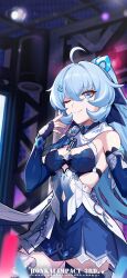 Rule 34 | 1girl, ahoge, blue eyes, blue nails, braid, breasts, chinese commentary, closed mouth, commentary request, concert, detached sleeves, high ponytail, highres, honkai (series), honkai impact 3rd, idol, logo, long hair, medium breasts, microphone, microphone stand, nail polish, official art, official wallpaper, one eye closed, open hand, shigure kira, smile, solo, standing, teeth, thigh strap, upper teeth only, yawning
