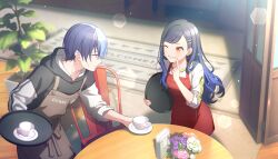 Rule 34 | 1boy, 1girl, aoyagi touya, apron, black hair, black hoodie, blue hair, brown apron, carpet, collarbone, colorful palette, cup, earrings, flower, gradient hair, green hair, grey eyes, grey hair, grey hoodie, grin, hair ornament, hairclip, highres, holding, holding saucer, holding tray, hood, hoodie, jewelry, long hair, looking at another, multicolored hair, narase beauitful sound! (project sekai), official art, one eye closed, orange eyes, parted lips, plant, potted plant, project sekai, purple flower, red apron, saucer, shiraishi an, shirt, short hair, sleeves rolled up, sliding doors, smile, standing, star (symbol), star hair ornament, surprised, sweatdrop, swept bangs, teacup, third-party source, tissue box, tray, two-tone hoodie, welcome mat, white shirt