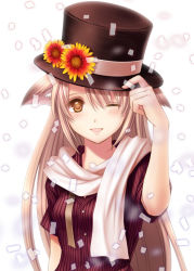 Rule 34 | 1girl, animal ears, blonde hair, blush, brown eyes, brown hair, confetti, flower, hat, long hair, nacht (nacht 01), one eye closed, open mouth, original, scarf, solo, top hat, wink