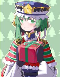 Rule 34 | 1girl, asymmetrical hair, black gloves, blue hat, blush, box, closed mouth, commentary, english commentary, epaulettes, frilled hat, frills, fur trim, gift, gift box, gloves, green background, green eyes, green hair, hat, highres, holding, holding gift, long sleeves, looking at viewer, shiki eiki, short hair, smile, solo, spam (spamham4506), striped capelet, sweat, touhou, upper body