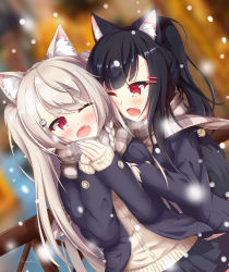 Rule 34 | 2girls, ;d, absurdres, animal ears, azur lane, black hair, black jacket, black skirt, dog ears, fang, grey scarf, hair between eyes, hair ornament, highres, jacket, long hair, miniskirt, multiple girls, nail polish, one eye closed, open clothes, open jacket, open mouth, outdoors, pleated skirt, ponytail, red eyes, scarf, shigure (azur lane), signature, silver hair, skirt, smile, snowing, sweater, twintails, voids, white sweater, yuudachi (azur lane)