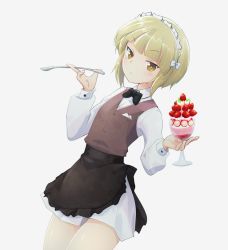 Rule 34 | 1girl, apron, bartender, black apron, black bow, black bowtie, blonde hair, blunt bangs, bob cut, bow, bowtie, brown vest, closed mouth, commentary, cowboy shot, cup, cutlass (girls und panzer), dress shirt, dutch angle, food, frilled apron, frills, fruit, girls und panzer, grey background, handkerchief, highres, holding, holding cup, holding spoon, light frown, long sleeves, looking at viewer, maid headdress, miniskirt, moro (like the gale!), parfait, pleated skirt, school uniform, shirt, short hair, simple background, skirt, solo, spoon, standing, strawberry, vest, waist apron, white shirt, white skirt, wing collar, yellow eyes