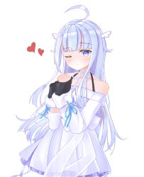 Rule 34 | 1girl, absurdres, ahoge, amatsuka uto, angel wings, bare shoulders, blue eyes, blue hair, colored tips, detached sleeves, dhk117, dress, hair ornament, hairclip, halter dress, halterneck, heart, highres, indie virtual youtuber, long hair, looking at viewer, multicolored hair, off-shoulder dress, off shoulder, one eye closed, praying, ribbon, simple background, smile, solo, twintails, upper body, virtual youtuber, wings