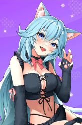 Rule 34 | 1girl, :d, animal ear fluff, animal ears, aqua hair, bare shoulders, black bra, black choker, black panties, blue eyes, blue hair, bow, bowtie, bra, breasts, cat ears, choker, claw pose, cleavage, detached sleeves, fangs, frilled bra, frilled panties, frills, hand up, head tilt, highleg, highres, indie virtual youtuber, kanase ito, large breasts, lingerie, long hair, long sleeves, looking at viewer, midriff, navel, open mouth, panties, purple background, smile, solo, stomach, tate yukimi, thigh strap, tongue, tongue out, underwear, underwear only, very long hair, virtual youtuber