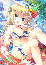 Rule 34 | 1girl, :d, bare arms, bare legs, bare shoulders, barefoot, bikini, blonde hair, blue eyes, blue sky, blush, braid, breasts, bridal garter, cleavage, cloud, cloudy sky, commentary request, day, fang, fingernails, flower, food, frilled hat, frills, hair between eyes, hat, head tilt, highres, holding, holding food, ice cream, innertube, long hair, medium breasts, moe2018, nail polish, one side up, open mouth, original, outdoors, pink nails, red flower, shiiba nae, side-tie bikini bottom, sidelocks, sky, smile, solo, sparkle, striped bikini, striped clothes, sun hat, swim ring, swimsuit, thighs, transparent, untied bikini, very long hair, water drop, white hat, yellow flower