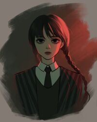 Rule 34 | 1girl, absurdres, addams family, animification, bad id, bad twitter id, black coat, black eyes, black hair, black necktie, black vest, braid, closed mouth, coat, dbr (dbruuu9), expressionless, highres, lipstick, looking at viewer, makeup, necktie, nevermore academy school uniform, open clothes, open coat, school uniform, shirt, solo, striped, striped coat, twin braids, upper body, vest, wednesday (netflix), wednesday addams, white shirt