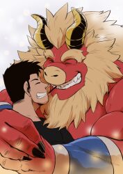 Rule 34 | 2boys, arms around neck, bara, beard, black hair, blank eyes, colored skin, curled horns, dragon horns, facial hair, food, food in mouth, forked eyebrows, from side, furry, furry male, furry with non-furry, gardie (otsukimi), grin, highres, horns, huge eyebrows, imminent kiss, interspecies, kouhei (otsukimi), large hands, large pectorals, lens flare, lion hair, long sideburns, male focus, multiple boys, muscular, muscular male, original, otsukimi, pectorals, pocky, pocky in mouth, pocky kiss, red skin, shared food, short hair, sideburns, sideburns stubble, size difference, smile, stubble, thick eyebrows, upper body, yaoi