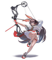 Rule 34 | 1girl, absurdres, alternate breast size, animal ears, april (arknights), arknights, bottomless, bow (weapon), breasts, brown hair, compound bow, drawing bow, ear tag, headphones, highres, holding, holding bow (weapon), holding weapon, ieer y, implied extra ears, knee up, large breasts, long hair, open mouth, purple eyes, rabbit ears, rabbit girl, shirt, shoes, short sleeves, simple background, socks, solo, standing, standing on one leg, teeth, thigh strap, thighs, upper teeth only, very long hair, walkman, weapon, white background, white footwear, white shirt, white socks, wide sleeves