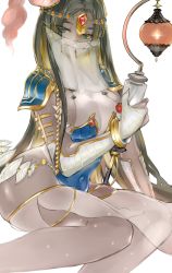 Rule 34 | 1girl, arm wrap, armlet, armor, bandages, black hair, breasts, bridal gauntlets, circlet, dark-skinned female, dark skin, eyelashes, fate/grand order, fate (series), feathers, forehead jewel, gem, green eyes, highres, holding, jewelry, lantern, long hair, mouth veil, multicolored hair, navel, okayu (papiko1111), pauldrons, scheherazade (fate), scroll, shoulder armor, simple background, solo, thighs, veil, white background