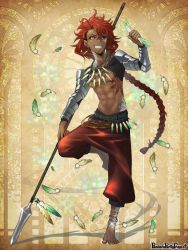 Rule 34 | 1boy, abs, aino yumeri, armor, barefoot, black sclera, braid, brown background, colored sclera, copyright name, dark skin, dark-skinned male, earrings, feathers, full body, glint, hair between eyes, heterochromia, holding, holding feather, holding spear, holding weapon, jewelry, long hair, male focus, necklace, official art, pandora party project, pants, polearm, red eyes, red hair, sharp teeth, smile, spear, standing, standing on one leg, tattoo, teeth, toned, toned male, very long hair, weapon, yellow eyes