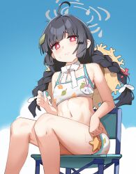 Rule 34 | 1girl, absurdres, bikini, black hair, blue archive, blush, braid, chair, closed mouth, cloud, day, hair ribbon, halo, hat on back, highres, leaf, leaf on head, leaf print, long hair, looking at viewer, messy hair, miyu (blue archive), miyu (swimsuit) (blue archive), outdoors, red eyes, ribbon, simplecar, sitting, sky, solo, starfish, sweat, swimsuit, twin braids, white ribbon