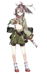 Rule 34 | 10s, 1girl, aircraft, airplane, bad anatomy, blush, bow (weapon), brown eyes, brown hair, burnt clothes, camouflage, clog sandals, covering breasts, covering privates, damaged, frown, full body, hachimaki, hair ribbon, hakama, hakama skirt, headband, high ponytail, japanese clothes, kantai collection, konishi (koconatu), light brown hair, long hair, long sleeves, official art, okobo, personification, ponytail, ribbon, sandals, skirt, solo, transparent background, weapon, zuihou (kancolle), zuihou kai (kancolle)