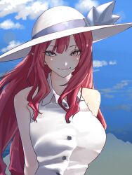 Rule 34 | 1girl, baobhan sith (fate), bare shoulders, blue sky, breasts, dress, fate/grand order, fate (series), grey eyes, hat, highres, large breasts, long hair, looking at viewer, niwaikanai, pink hair, pointy ears, sidelocks, sky, smile, solo, sun hat, white dress, white hat