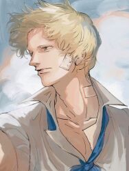 Rule 34 | 1boy, bags under eyes, bandage on face, bandage on neck, bandages, blonde hair, blue neckerchief, blue sky, brown eyes, collarbone, donquixote rocinante, highres, looking to the side, male focus, neckerchief, one piece, shirt, short hair, sky, solo, sub 45, upper body, white shirt