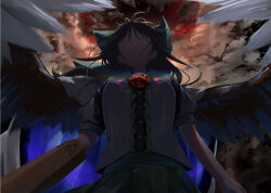 Rule 34 | 1girl, arm cannon, bird wings, black hair, black wings, bow, breasts, cape, commentary, control rod, cowboy shot, floating hair, from below, green bow, green skirt, hair bow, kiyonetto, large breasts, long hair, looking at viewer, looking down, open mouth, orange eyes, print cape, puffy short sleeves, puffy sleeves, rainbow, red sun, reiuji utsuho, shaded face, shirt, short sleeves, skirt, smoke, solo, starry sky print, third eye, touhou, two-sided cape, two-sided fabric, weapon, white shirt, wings