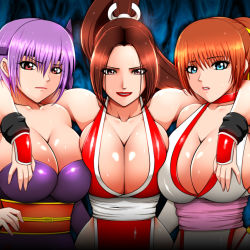 Rule 34 | 3girls, artist request, ayane (doa), bare shoulders, blue eyes, breasts, brown eyes, brown hair, cleavage, crossover, dead or alive, fatal fury, kasumi (doa), large breasts, long hair, looking at viewer, multiple girls, ninja, orange hair, parted lips, ponytail, purple hair, red eyes, shiny skin, shiranui mai, short hair, smile, sweat