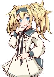 Rule 34 | 1girl, absurdres, alternate costume, black ribbon, blonde hair, blue eyes, blue sailor collar, blush, breasts, commentary request, dress, gambier bay (kancolle), grey hairband, hair between eyes, hairband, hand up, head tilt, highres, ichi (ichi.colors), kantai collection, long hair, long sleeves, looking at viewer, neck ribbon, open mouth, puffy long sleeves, puffy sleeves, ribbon, sailor collar, sailor dress, simple background, sketch, small breasts, solo, twintails, white background, white dress